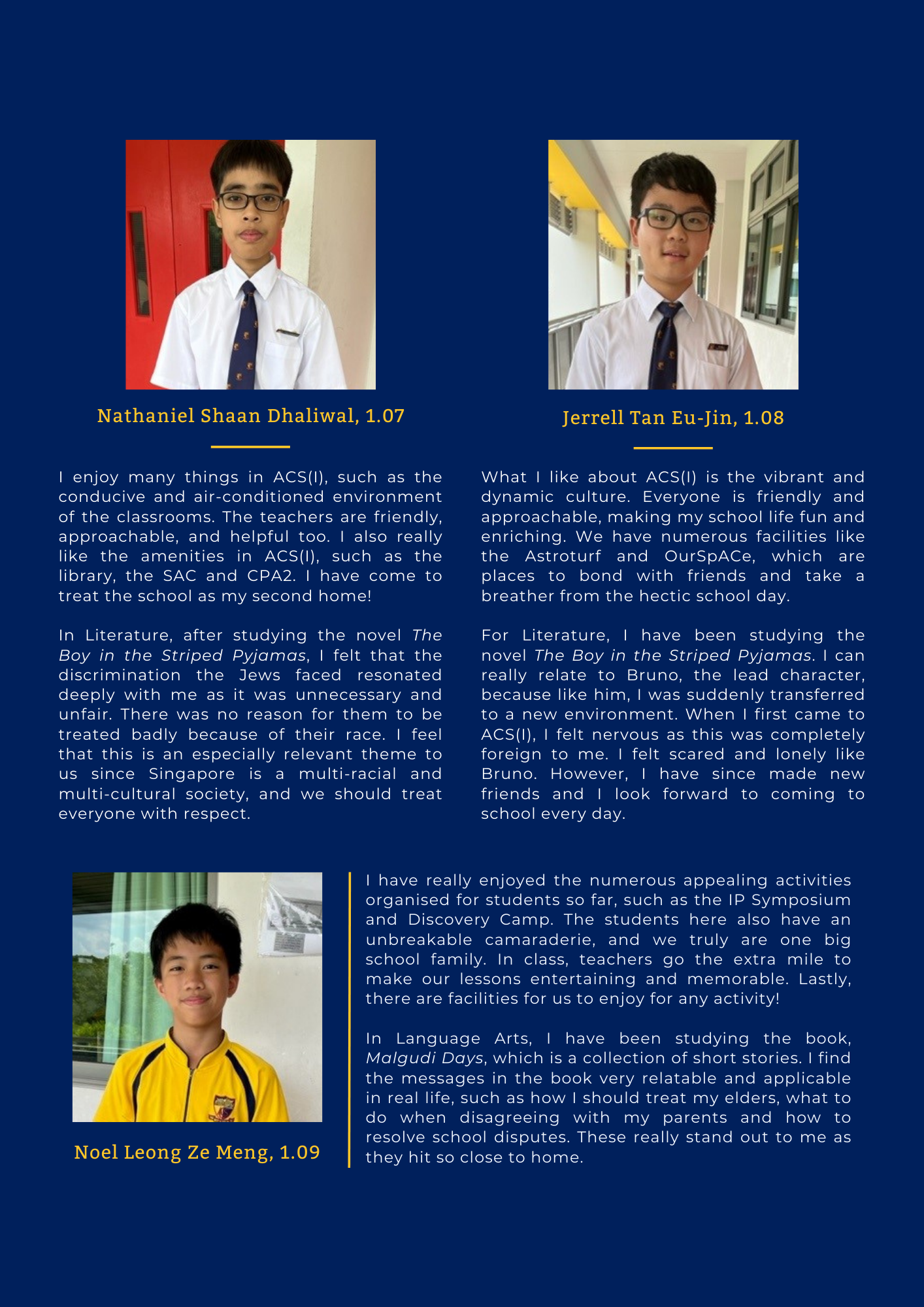 Three male students in school uniforms with written testimonials about their school experiences, each labeled with their names and class.
